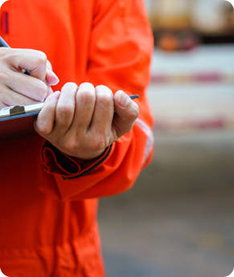 Une personne portant une chemise orange à manches longues tient un presse-papiers et écrit dessus avec un stylo. L'arrière-plan est flou.