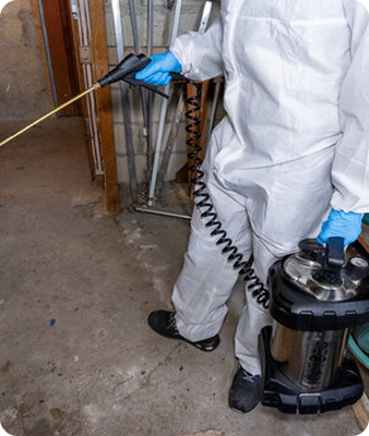 Une personne portant une combinaison de protection blanche et des gants bleus utilise un pulvérisateur, peut-être pour nettoyer ou désinfecter, à l'intérieur d'un bâtiment aux sols en béton et aux murs non finis.