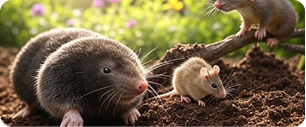 Une taupe et deux souris se trouvent sur un sol en plein air, avec des plantes vertes et des fleurs jaunes en arrière-plan flou. Une souris se tient sur une branche tandis que l'autre est à côté de la taupe.