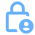 Icône de cadenas bleu de forme octogonale représentant la silhouette d'une personne dans le coin inférieur droit, suggérant la sécurité ou la confidentialité des comptes d'utilisateurs.