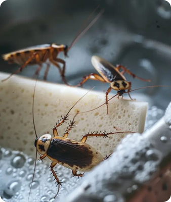 Trois cafards rampent sur une éponge de cuisine blanche couverte de mousse de savon, sur un fond flou d'eau et de bulles.