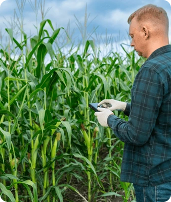 Un homme portant une chemise à carreaux et des gants se tient dans un champ de maïs, utilisant un smartphone tout en inspectant les grands plants de maïs vert sous un ciel nuageux.