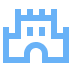 Une simple icône bleue d'un château de sable avec deux tours, une porte voûtée et un sommet crénelé.