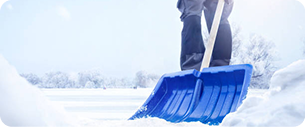 neige Personne debout à l'extérieur en hiver, tenant une pelle à neige bleue et déblayant la neige, avec des arbres enneigés et un ciel clair et nuageux en arrière-plan.