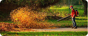 Une personne portant une chemise rouge et une casquette utilise un souffleur de feuilles à dos pour enlever un tas de feuilles d'automne d'un chemin pavé dans un parc, avec des arbres et une clôture à l'arrière-plan.