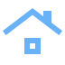 Icône bleue simple d'une maison avec un toit triangulaire, une cheminée sur le côté droit et une fenêtre carrée au centre. Le design est minimaliste sur un fond transparent.